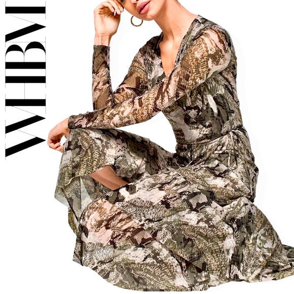 White House Black Market Tiered Mesh Wrap Dress - Picture 2 of 7